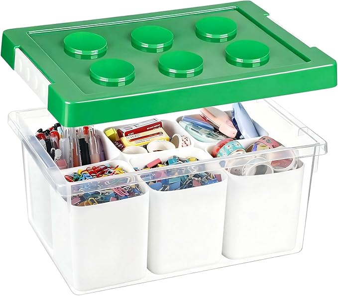 loobuu Plastic Storage Bins with Lids Art Craft Supply Organizer Box with Brush Pot Multipurpose Stackable Storage Containers for Organizing Tool Craft CrayonSewing (Green)