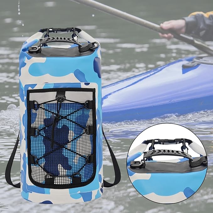 Waterproof Dry Bag Backpack with Mesh Pocket Storage Bag Versatile for Hiking Camping Kayaking Rafting Swimming Blue