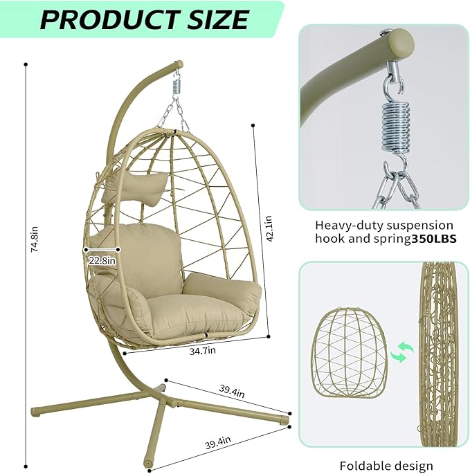 Hanging Egg Chair with Stand Outdoor Indoor Patio Rattan Swing Hammock Chairs with Washable Cushion PE Wicker Swing Chair for Backyard Bedroom Garden (Cyan + Cyan Cushion No Footrest)