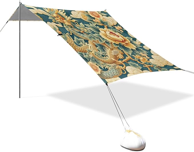 Golden Dragon Flying Peony Cloud Beach Tent Sun Shelter Set UPF50+ UV Protection 10.5 x 9.19 FT Camping Shade Canopy with Sandbags Sand Anchors Carrying Bag and Others
