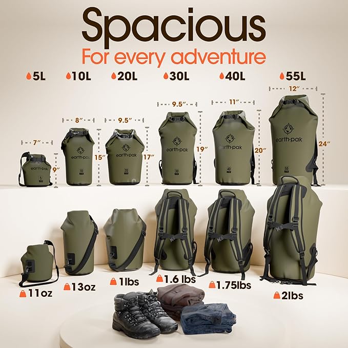 Earth Pak Waterproof Dry Bag - Roll Top Waterproof Backpack Forest Green 5L &amp 10L