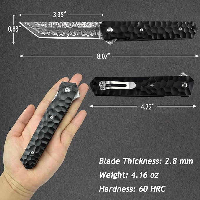 AUBEY Damascus Pocket Knife Tanto VG10 Core Damascus Steel Folding Knives with Ball Bearing Aluminum Alloy Non-Slip Handle and Glass Breaker EDC Damascus Knife for Men Women (Black)