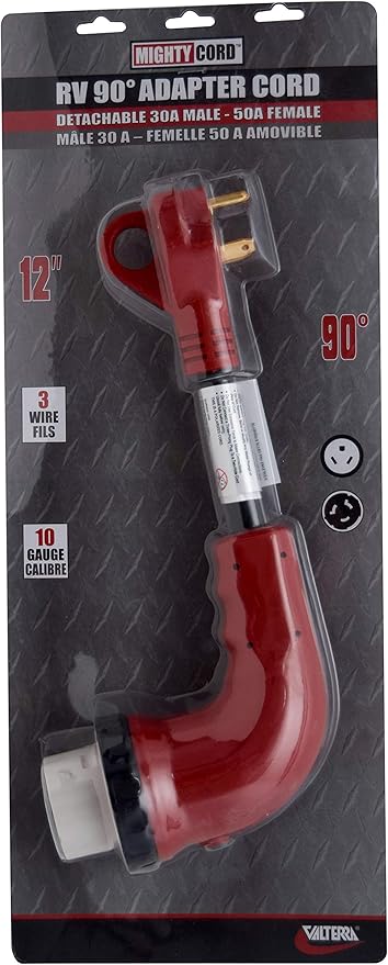 Valterra A10-3050D90VP Mighty Cord 90° Detachable 12 Adapter Cord - 30AM to 50AF Red (Carded)