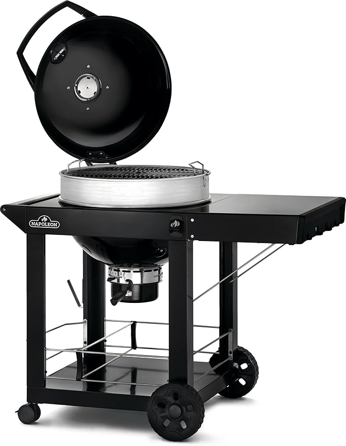 Napoleon PRO22 Charcoal Kettle Grill with Folding Cart Black Porcelain-Enameled Lid and Bowl Chrome-Plated Cooking Grid