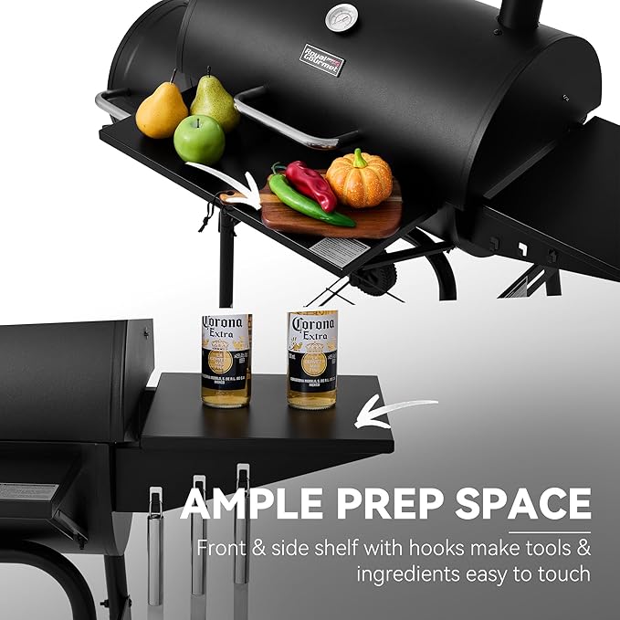 Barrel Charcoal Grill with Offset Smoker Side Shelf with Hooks Mesh Bottom Shelf Blow-Molded Wheels Outdoor Grilling and Backyard Cooking CC1624S Black