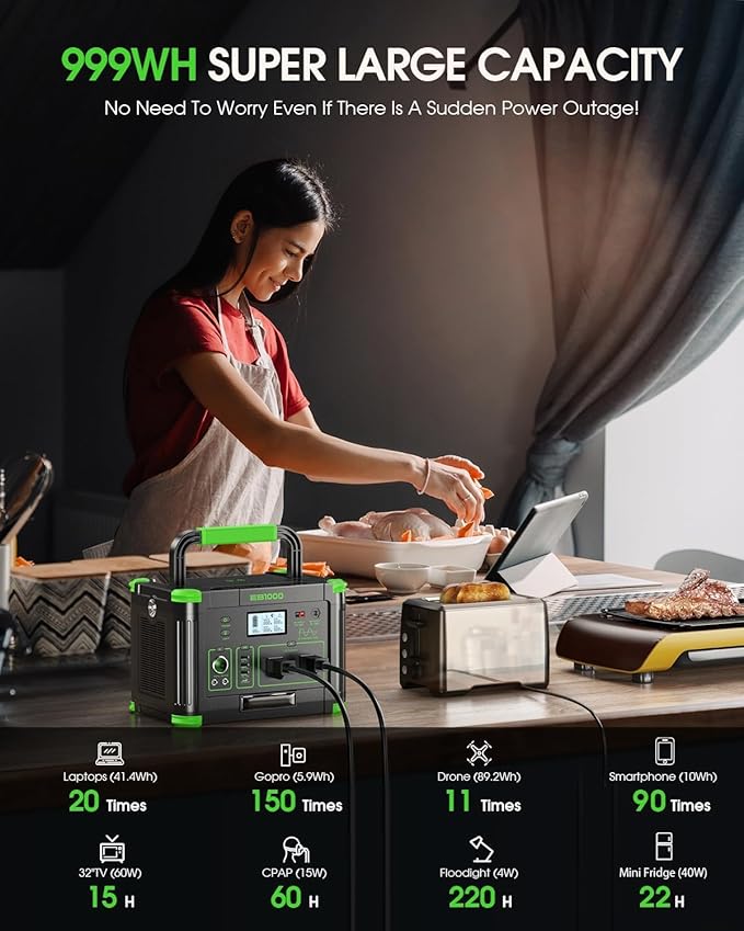 1000W Portable Power Station 999Wh 110V Pure Sine Wave AC Outlet (2000W Peak) 60W PD USB-C &amp 10 Ports Solar Generator for Home Backup Outdoor Camping RV Emergency Off-Grid Living
