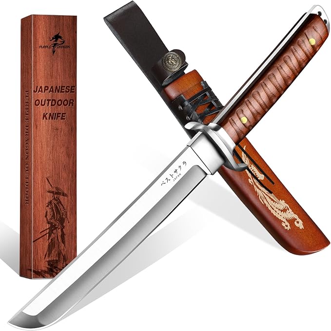 Purple Dragon Japanese Fixed Blade Knife with Engraved Sheath for Belt Tanto Knife D2 Steel Samurai Knives with Wooden Handle for Camping Outdoor Mini Katana Gifts for Men