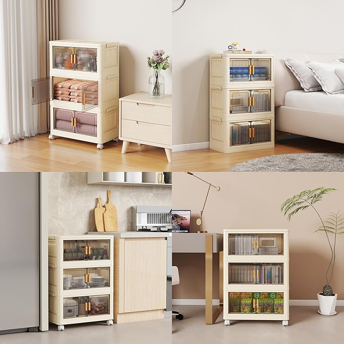 3 Tier Stackable Plastic Storage Bins with Lids 58QT Collapsible Closet Organizers and Storage with Wheels for Living RoomOfficeDorm