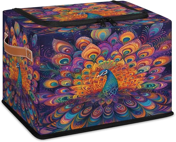 Peacock Storage Box with Lid Watercolor Feather Collapsible Storage Bins Baskets Cubes Closet Shelf Clothes Organizer Containers with PU Leather Handles