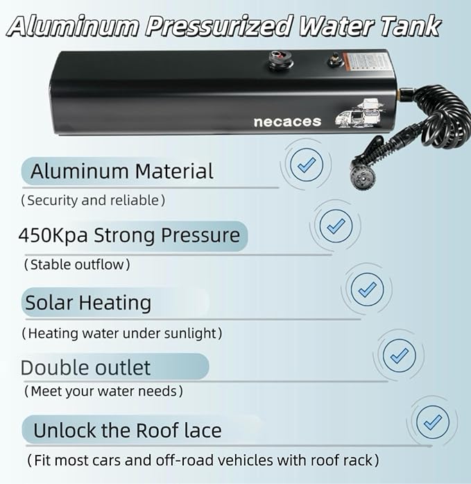 4.5-9 Gallon Pressurized Water TankPortable Aluminum Camping Shower Water Storage with Spray Hose for Overland Off-Road Vehicles Pick-up TrucksOutdoor Activities Water Supply.