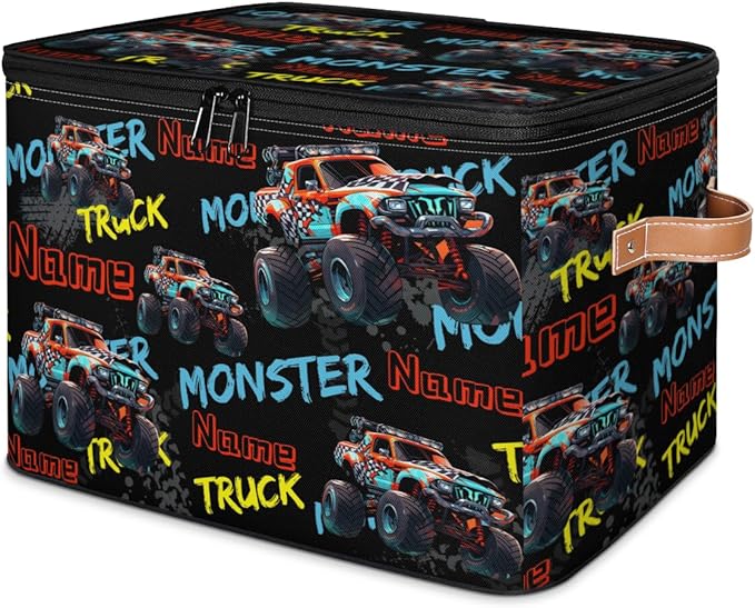 Custom Storage Bins with Zipper Lid Personalized Monster Truck Car Fabric Lidded Storage Baskets Boxes Foldable Cubes Clothes Organizer Container