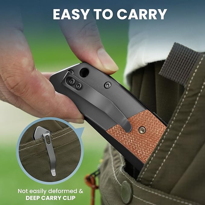 Pocket Knife For Men Folding Pocket Knife With 3.77 Sandvik 14C28N Blade &amp Micarta Handle Flipper Knife With 2-way Assisted Opening EDC Knife With Deep Pocket Clip For Hunting Camping