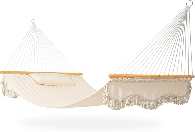Lazy Daze Hammocks 12 FT Double Quilted Fabric Hammock with Hardwood Spreader Bar Tassels Soft Pillow Chains 2 Person Hammock for Outside Patio Backyard Poolside 450 LBS Weight Capacity Cream