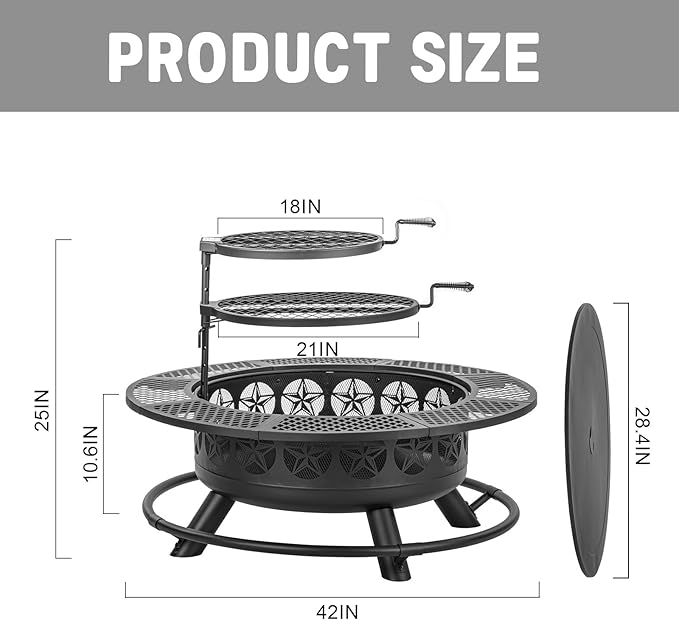 42 Inch BBQ Fire Pit with 2 Grills3-in-1 Outdoor Round Metal Fire Pit Table with LidFire PokerLarge Outdoor Wood Burning Firepits for OutsidePicnicBonfire Backyard Patio(Black)