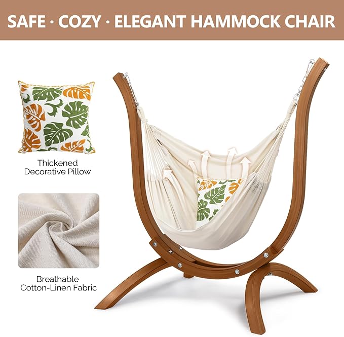 ONCLOUD Hammock Chair with Wooden Stand Curved Hanging Chair Set with Throw Pillow Portable Wooden Hammock Chair for Outdoors 330LBS (Teak)