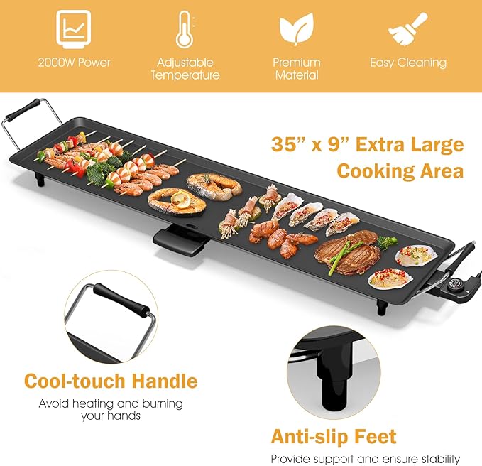 Costzon 35 Electric Griddle 2000W Nonstick Extra Large Griddle Long Table Top Grill w/5-Level Temp &amp Drip Tray Indoor Outdoor Cooking Plates Teppanyaki Grill for Pancake BBQ Camping Gatherin