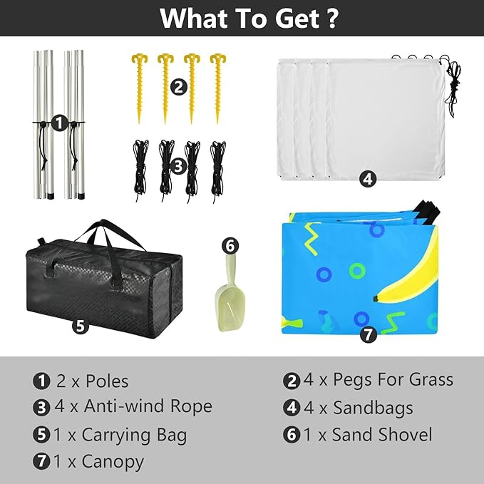 Beach Canopy with Windproof Ropes &amp Sandbags Beach Tent Sun Shade Sun Shelter for Camping Trips Fishing Backyard Fun or Picnics Banana