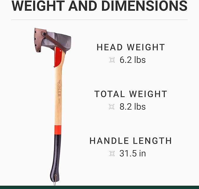 Adler Super Splitter – German Forged Splitting Axe 6.2 lb Hollow-Forged Wedge Maul 31 Hickory Handle with Anti-Slip Grip Heavy Duty Firewood Axe with Premium Leather Sheath (A11)