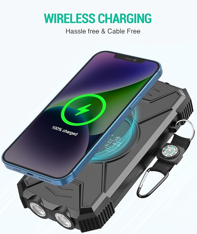 BLAVOR Solar Power Bank 10000mAh Portable Wireless Charger 20W Fast Charging External Battery Pack with USB C for Cell Phones Solar Panel Charging with Dual Flashlight for Camping