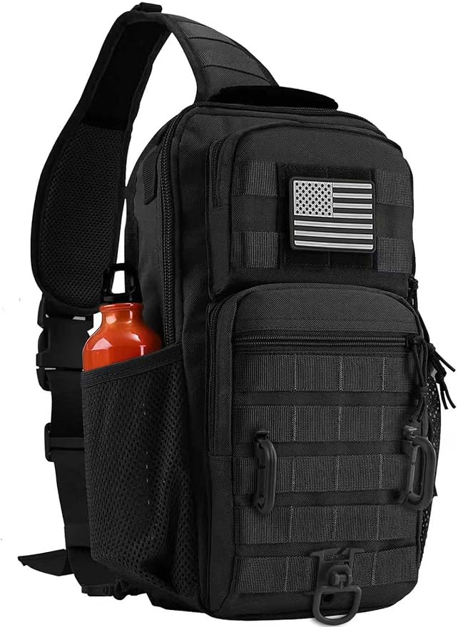 Rover Sling Pack Tactical Shoulder Sling Bag Backpack with Bottle Holder Crossbody Chest Bag Black with Grey Patch