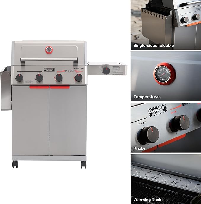 Monument Grills 4+1 Burner Stainless Steel 525 sq.in Propane Gas Grill 49000 BTU 500°F in 5 Mins Outdoor Mesa 2 Grill with Broil Zone 1 Side Burner and 1 Foldable Side Shelf with 8 Tool Hooks