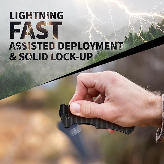 Off-Grid Knives - Rapid Fire Blackout - Large Folding Knife for Camping &amp EDC Cryogenic D2 Blade Steel Titanium Nitride Coating with G10 Scales &amp Deep Carry Clip