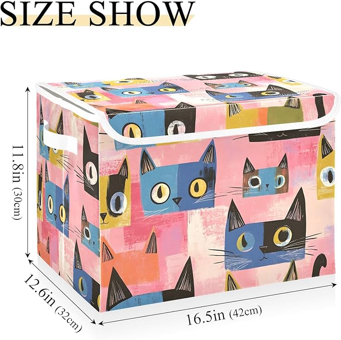 Abstract Cats Storage Cube Bins Basket with Lid Collapsible Flip-top Fabric with Handle for Home Bedroom Closet Office 16.5×12.6×11.8 in