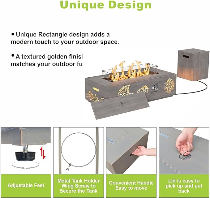 2-Piece 42 LED Rectangular Propane Fire Pit for Outside Patio with Hidden Tank Table 50000 BTU Fireplaces with Glass Wind Guard Lid Glass Rocks Cover(Dragon w/Warm Light