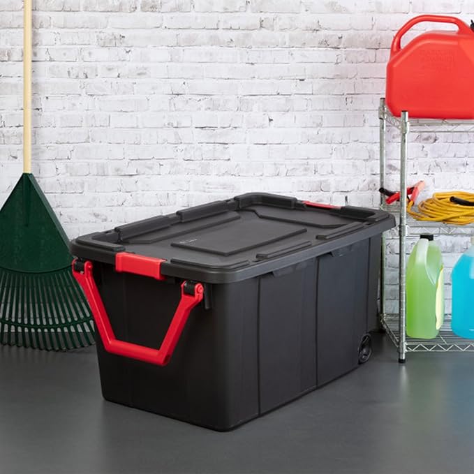 Sterilite 8-Pack Industrial Tote Heavy-Duty Storage Bins w/Lids and Wheels 40 Gallon - Stackable Organizing Containers for Home Garage Office and Basement