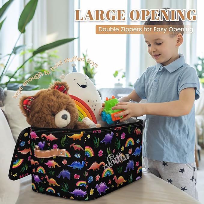 Storage-Bins with Lids Handle Customized Stackable-Storage-Bin for Kids-Boys-Girls-Toys Cube Collapsibl Basket Colorful Dinosaur