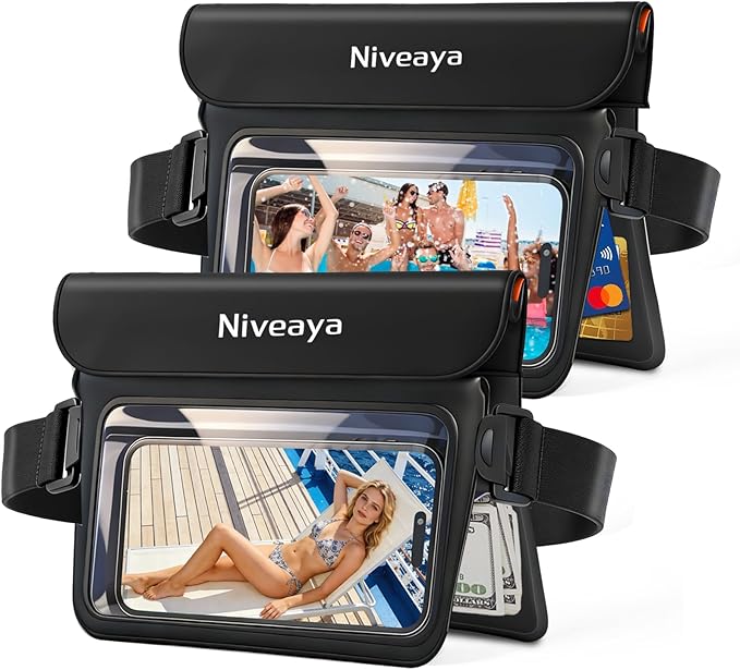 Niveaya Double Space Waterproof Fanny Pack IPX8 Waterproof Pouch Dry Belt Bag for Beach Kayaking Swimming Touchscreen &amp PhotographyBoat Travel Essentials for Women Men(2 Pack)