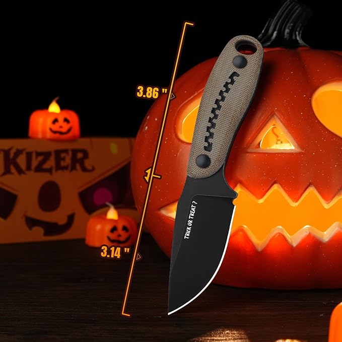 Kizer Hare Fixed Blade Knife 3.14 Nitro V Blade Halloween EDC Hunting Knife with Brown Micarta and Black G10 Handle Small Camping Knives with Kydex Sheath Survival Knives for Men Women 1077HW1