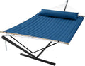 SUPERJARE Hammock with Stand 2 Person Quilted Outdoor Hammock Detachable Pillow &amp Bamboo Spreaders Portable Hammock with Carrying Bag Heavy Duty Stand Perfect for Outside Patio Navy Blue
