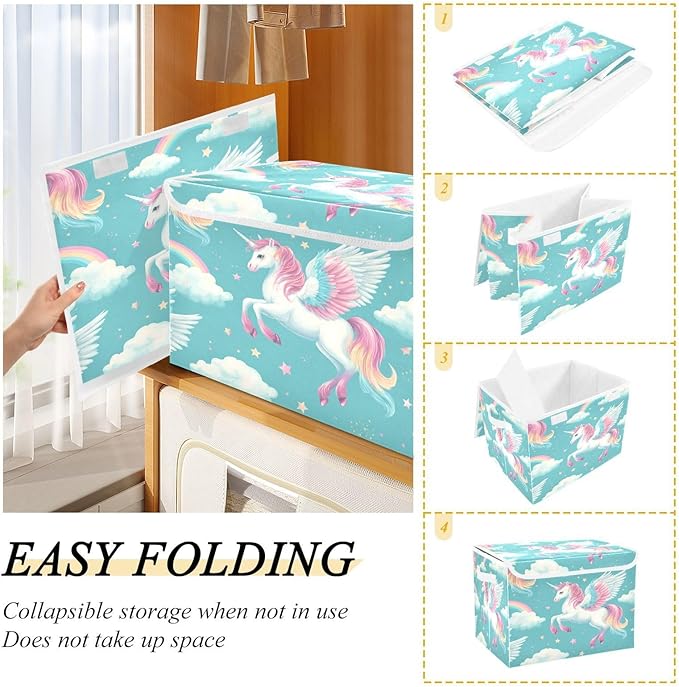 Cartoon Unicorns Rainbow Star Collapsible Storage Bins with Lids Decorative Fabric Cubes Closet Organizer Basket Boxes Containers for Clothes Box Chest Folding Rectangle