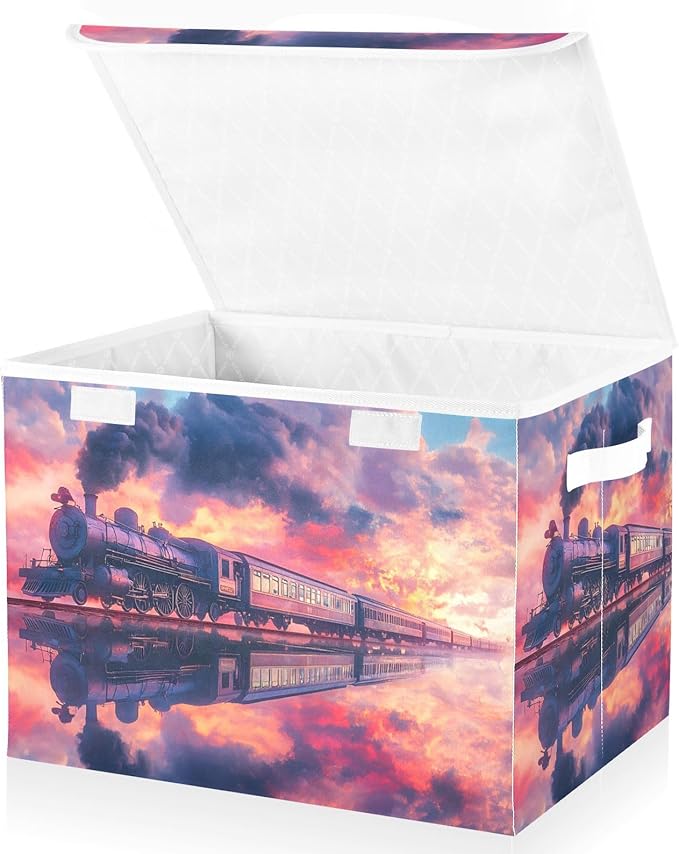 Storage Cube with Lid Surreal Train Print 16.5×12.6×11.8 IN Collapsible Large Capacity Foldable Storage Basket Bin Organizer