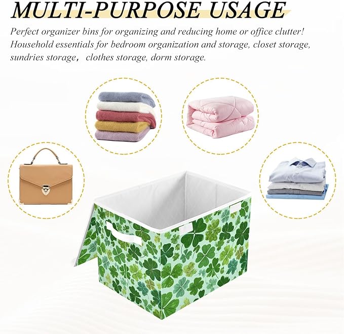 Storage Bins with Lids Storage Containers Box Organizer Bin Basket with Handles for Closet Shelves Clothes Stackable Foldable Decorative Green Nature St Patrick Clovers