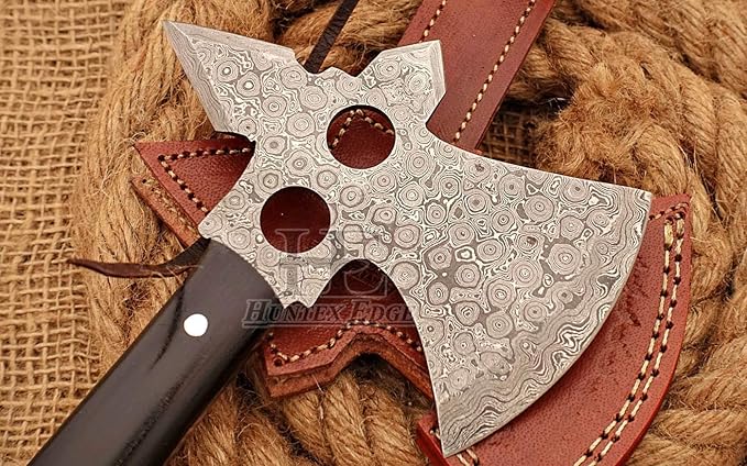 HUNTEX Unique Custom Hand-Forged Rain Drop Pattern Damascus Steel 12 Inch Long Buffalo Horn Handle Full Tang Razor Sharp Hunting Camping Hiking Hiking Axe with Genuine Leather Sheath