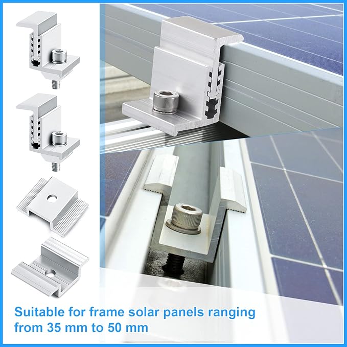 1.06 Inch Solar Panel Bracket Aluminum Solar Mid Clam with Mounting Brackets 32-50 mm Clamps Adjustable End Panel Clamps(28 Pieces)