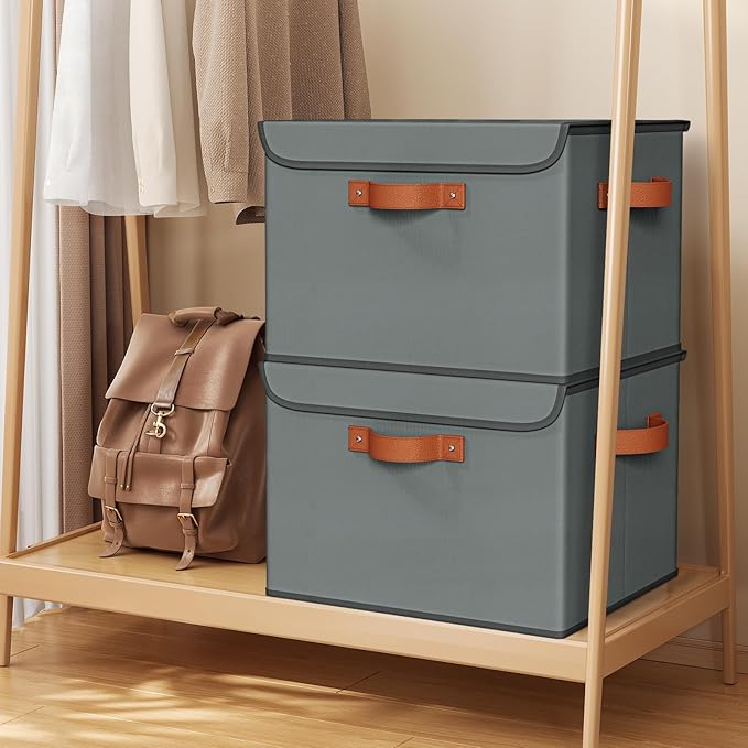 Univivi Heavy Duty Fabric Storage Bins with Lid Large 17 10 Gallon Stackable Storage Cube with Leather Handles Decorative Storage Boxes with Lids for Bedroom Closet Nursery Office 3-Pack(Grey)