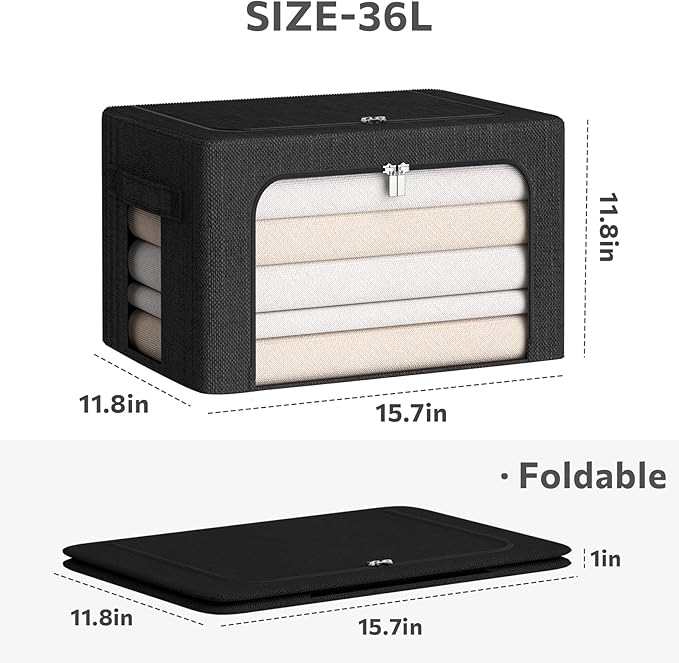 CYhom Clothes Storage Bins Box - Linen Fabric Foldable Stackable Container Organizer Set with Clear Window &amp Carry Handles &amp Metal Frame (Black Medium-36L)