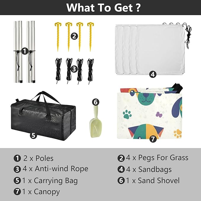 Dog Beach Canopy Sun Shelter with Sandbags &amp Sand Shovel &amp Windproof Ropes - Portable 110x126 Beach Shade Beach Tent for Camping Picnics