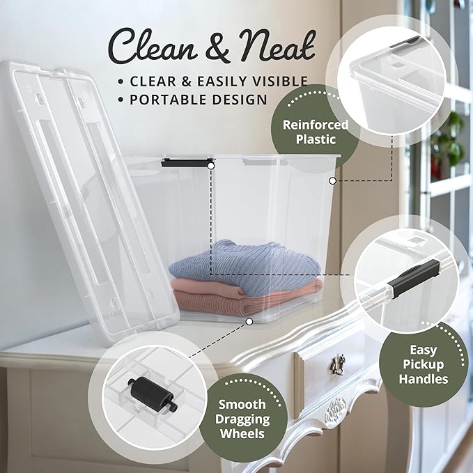 Lifetime Appliance Parts 4 PACK 97 Qt. Plastic Storage Bin Tote Organizing Container with Ultra Durable Lid &amp Secure Latching Buckles Stackable Extra Strength Clear w/Black Handle