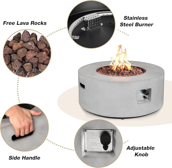 36-inch Outdoor Propane Fire Pit Table 50000 BTU Natural Gas Firepit Round Concrete Fire Table with Steel Lid Natural Gas Orifice Lava Rocks Rain Cover for Outside Patio Deck Backyard