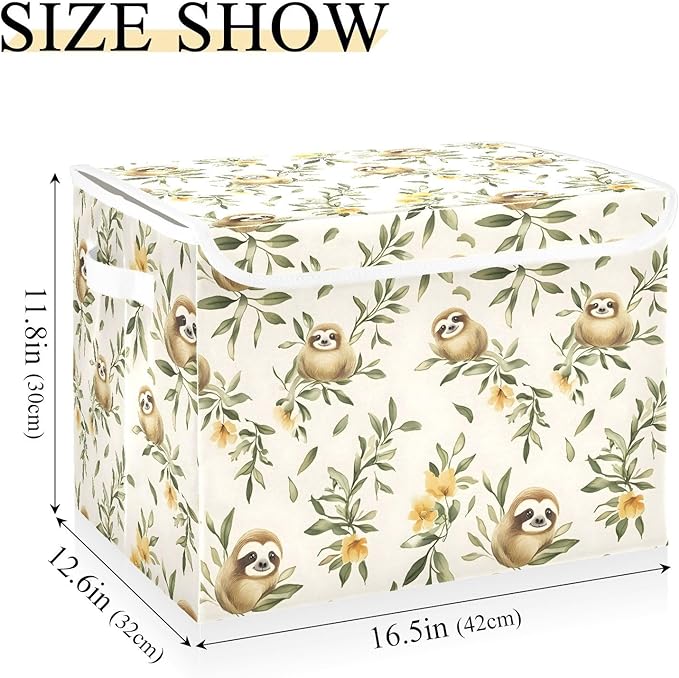 Sloth Floral Storage Cube Bins Basket with Lid Collapsible Flip-top Fabric with Handle for Home Bedroom Closet Office 16.5×12.6×11.8 in
