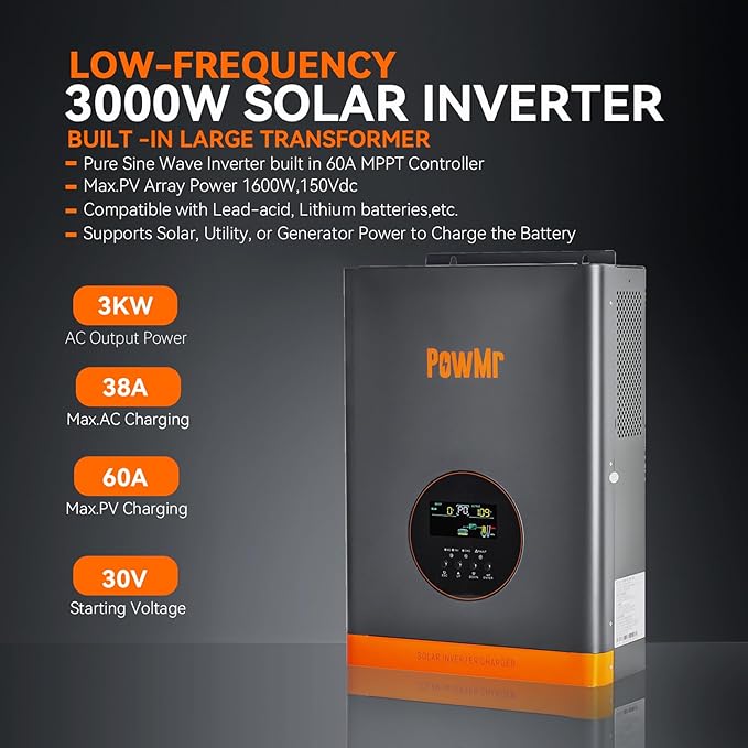 PowMr Solar Inverter 3000W 24V Peak 9000W Low-Frequency Pure Sine Wave Inverter 24V to 110V Built-in 60A MPPT Controller fit for Lead-Acid Lithium Battery and Support Utility/Solar Charge