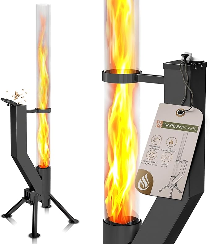 GARDENFLARE Stainless Steel Pellet Stove &amp Smokeless Firepit Patio Heater for Ambiance - Fire Pit for Patio Fire Tube Outside Backyard Bonfire &amp Outdoor Fireplace (Matte Black Premium)