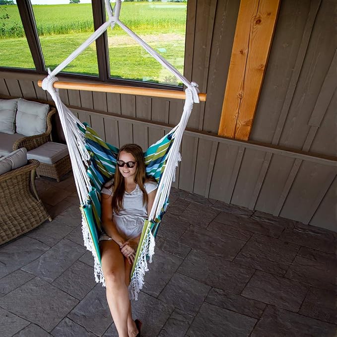 Vivere Cotton Hammock Chair with Hardwood Spreader Bar - 250 lb Capacity (Cayo Reef)