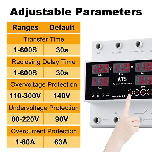 Automatic Transfer SwitchAutomatic Switching Between Utility Power、Generator and InverterOvercurrent ProtectionOvervoltage and undervoltage Protection63A