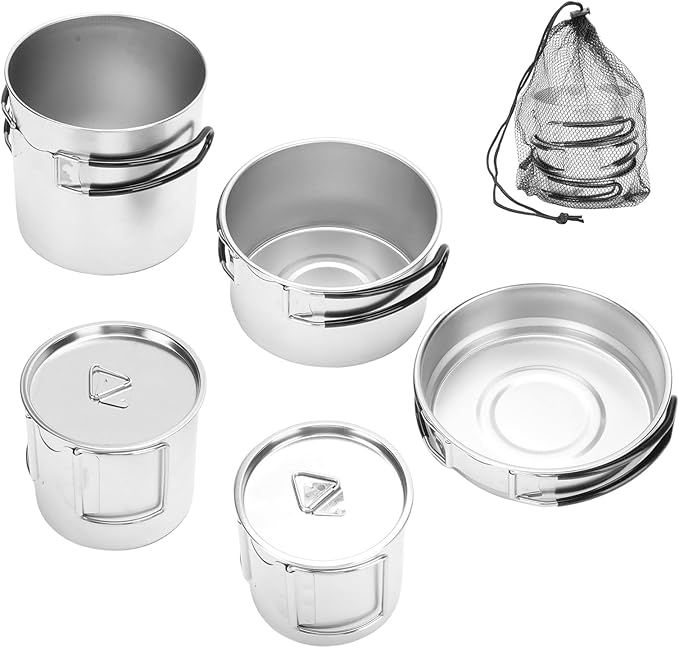 5PCS Stainless Steel Camping Cooking Set Cookware Mess Kit Cook Pots and Pan Set with Cups &amp Storage Bag Lightweight Camping Cookware for Hiking Backpacking Outdoor Cooking and
