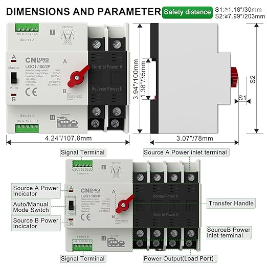 AC110V/120V 100Amp Automatic/Manual Transfer Switch 2P 50/60Hz 2Poles Mini ATS Auto Dual Power Switch Automatic Changeover Fast Transfer for Home Generator Soalr Rv and Lv Power